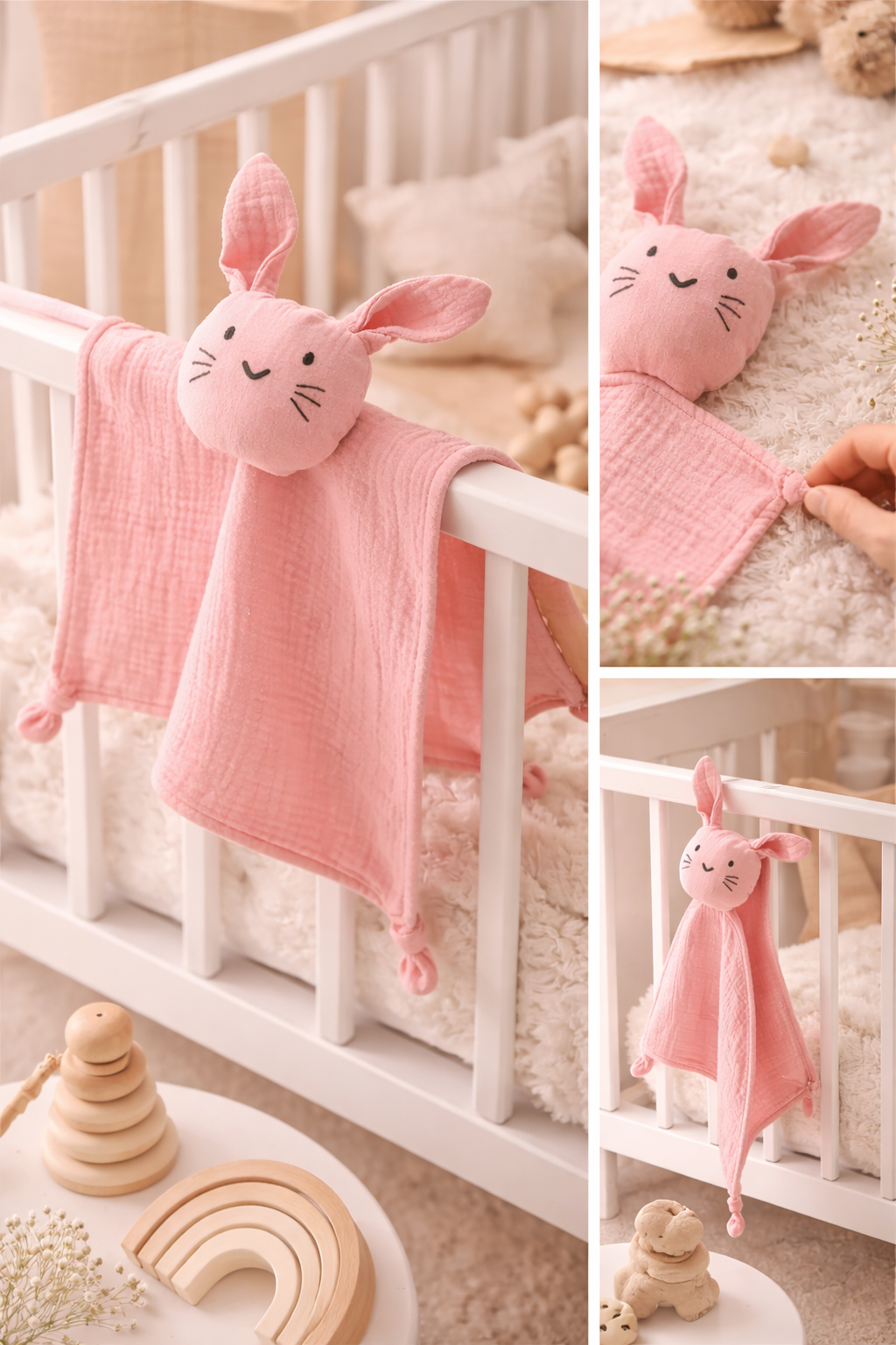 Doudou Lapin Rose en Gaze de Coton – Douceur et Réconfort dès la Naissance