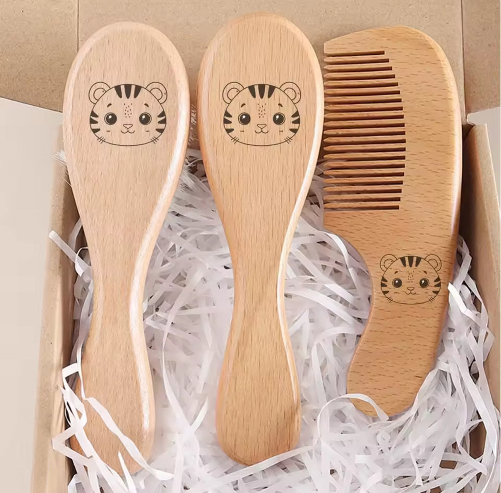 Set de cepillos y peine para bebé de madera natural – cuidado suave del cuero cabelludo