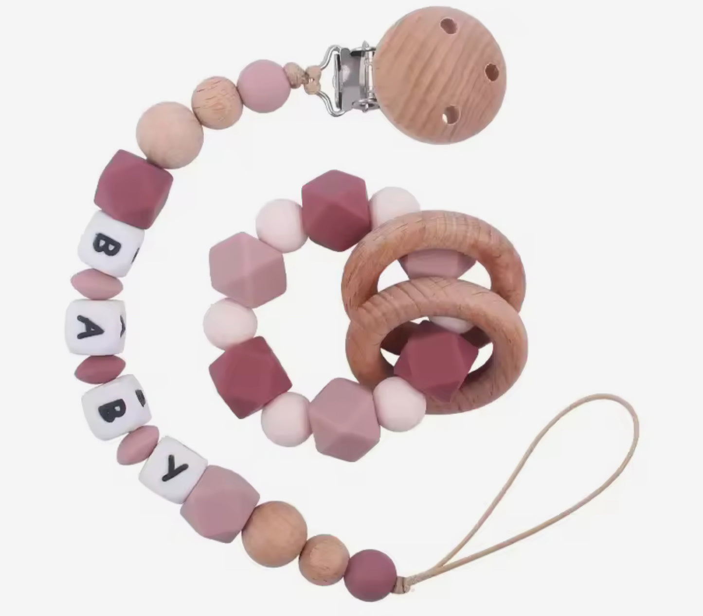 Ensemble dentition attache tétine et hochet personnalisée