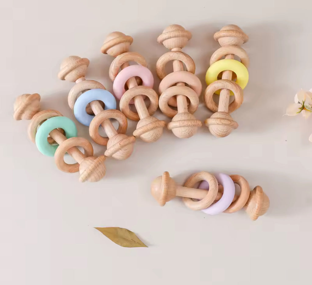 Sonajero de bebé de madera natural y silicona – Juguete de desarrollo sensorial