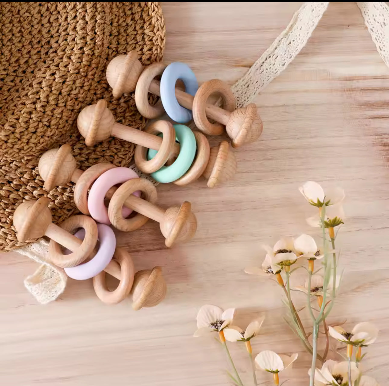 Hochet bébé en bois naturel et silicone – Jouet d’éveil sensoriel