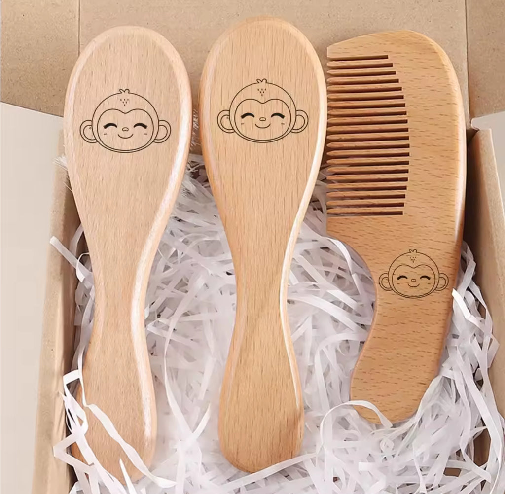Set de cepillos y peine para bebé de madera natural – cuidado suave del cuero cabelludo
