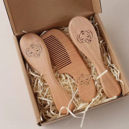 Set de cepillos y peine para bebé de madera natural – cuidado suave del cuero cabelludo