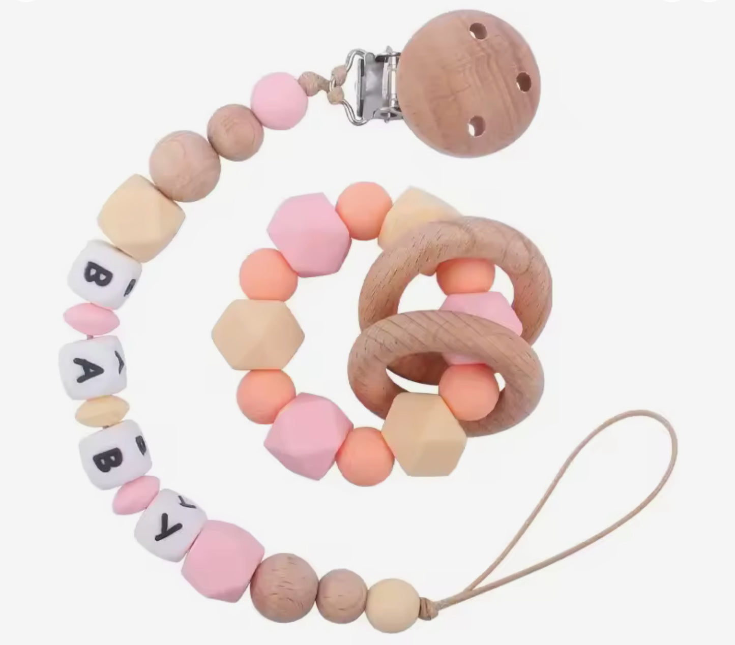 Ensemble dentition attache tétine et hochet personnalisée