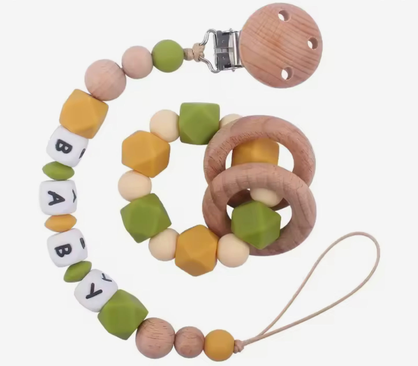 Ensemble dentition attache tétine et hochet personnalisée