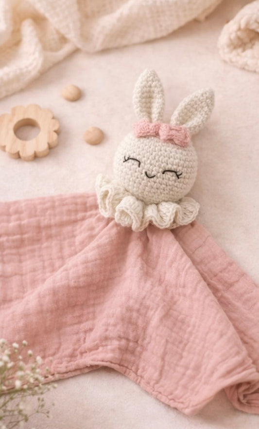Doudou Lapin Crochet avec Mousseline – Tendre Compagnon