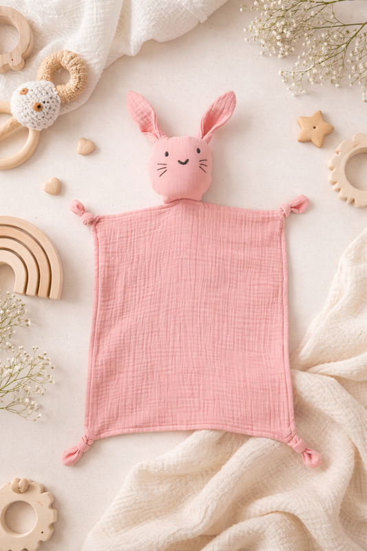 Doudou Lapin Rose en Gaze de Coton – Douceur et Réconfort dès la Naissance