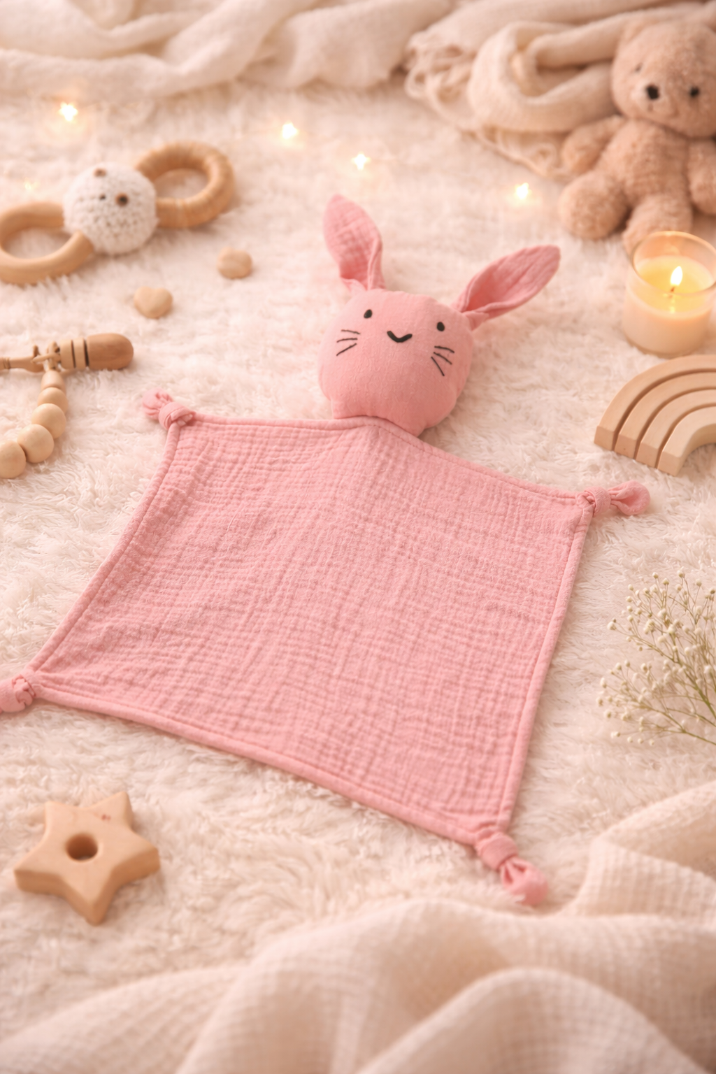 Doudou Lapin Rose en Gaze de Coton – Douceur et Réconfort dès la Naissance