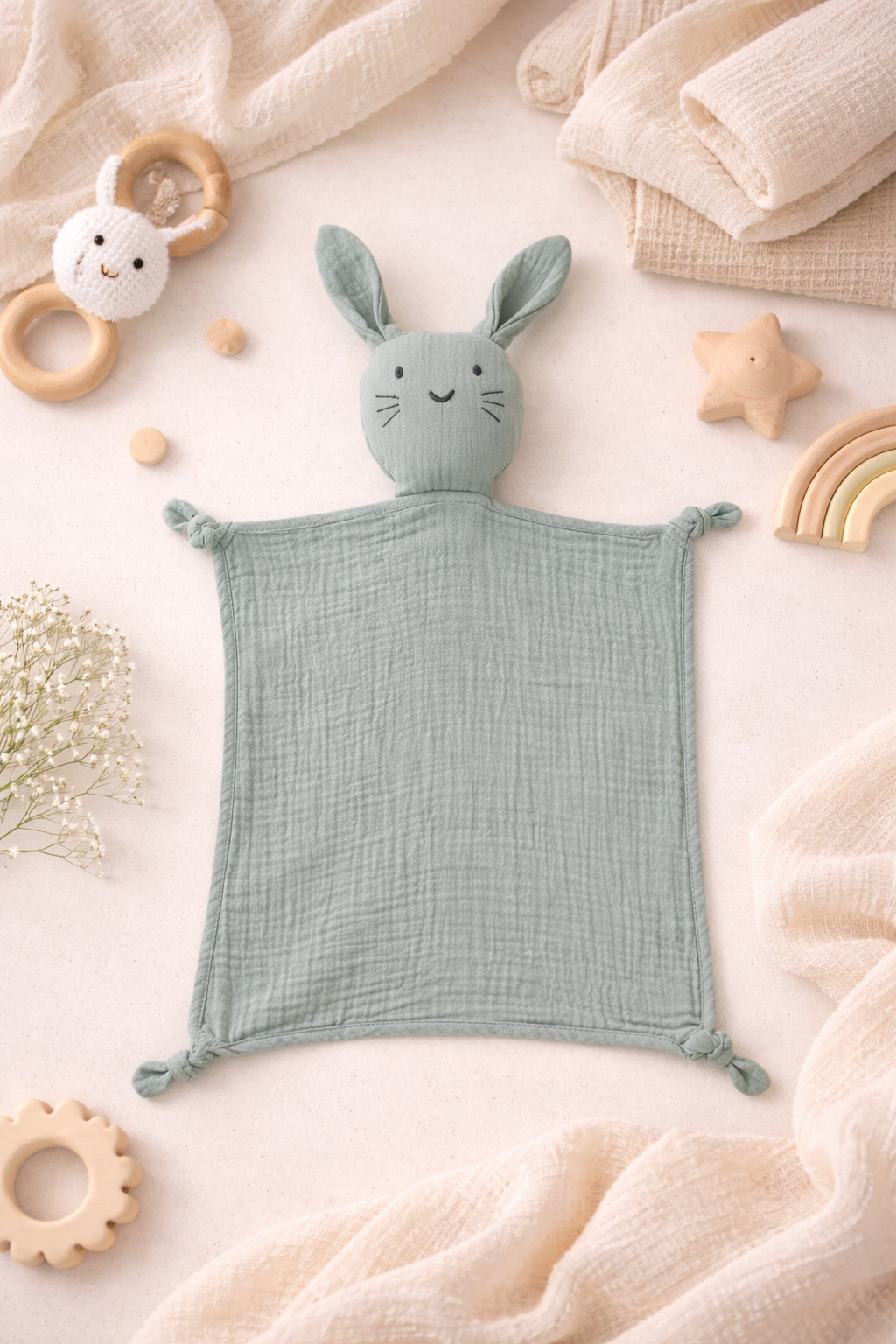 Doudou Lapin en Gaze de Coton – Douceur Naturelle dès la Naissance