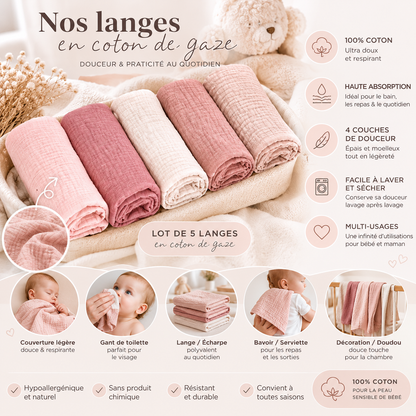 Assortiment de 5 langes en coton de gaz - Douceur naturelle pour bébé